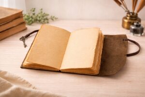 Metallschlüssel als Verschluss am dunkelbraunen A5 Lederbuch im Vintage-Stil