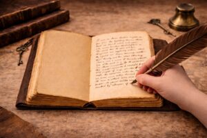 Grünes Lederbuch A5 als Skizzenbuch mit Bleistift und Pflanzendekoration