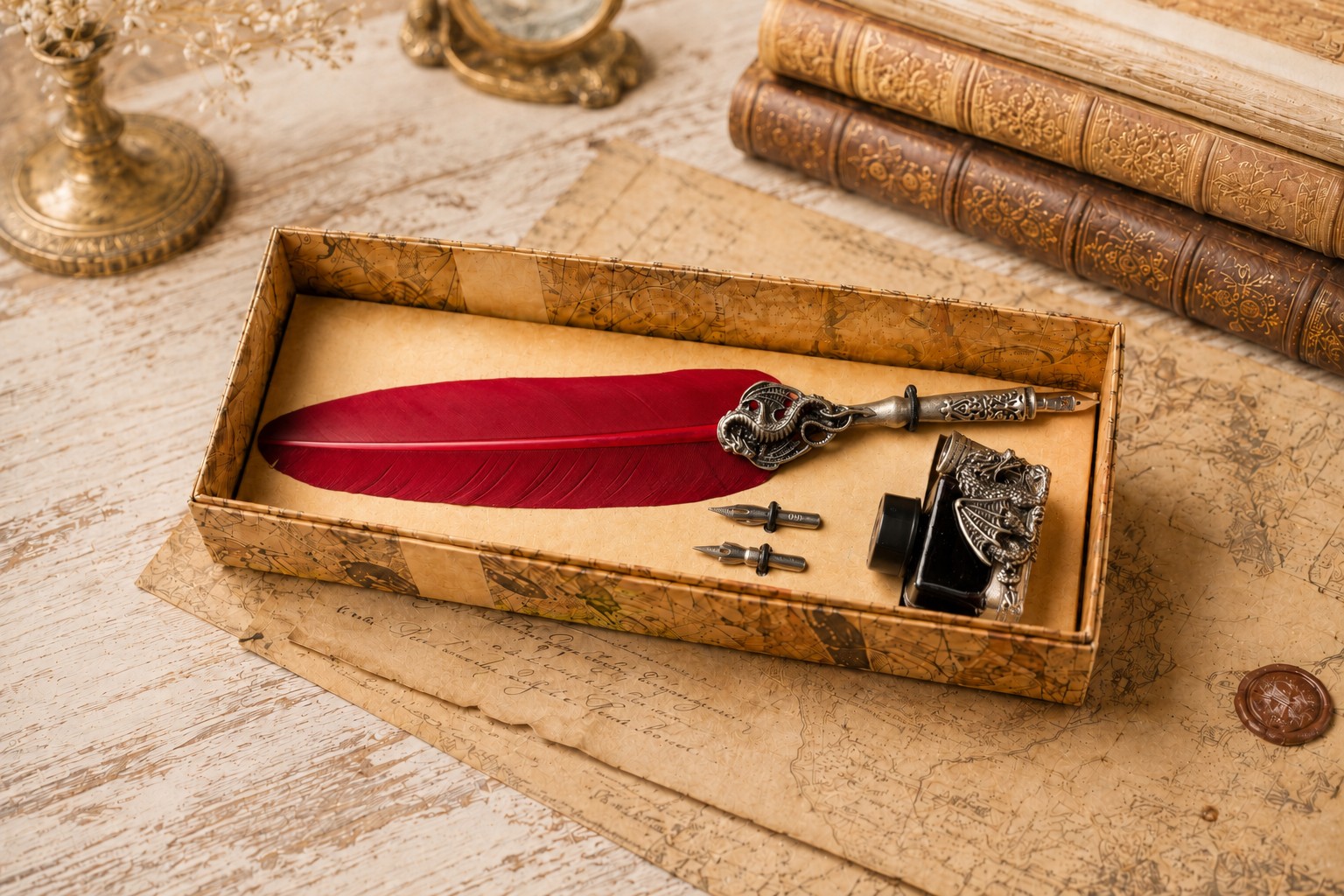 Schreibset Drago Lusso bordeauxrot mit Tinte und Ersatzfeder