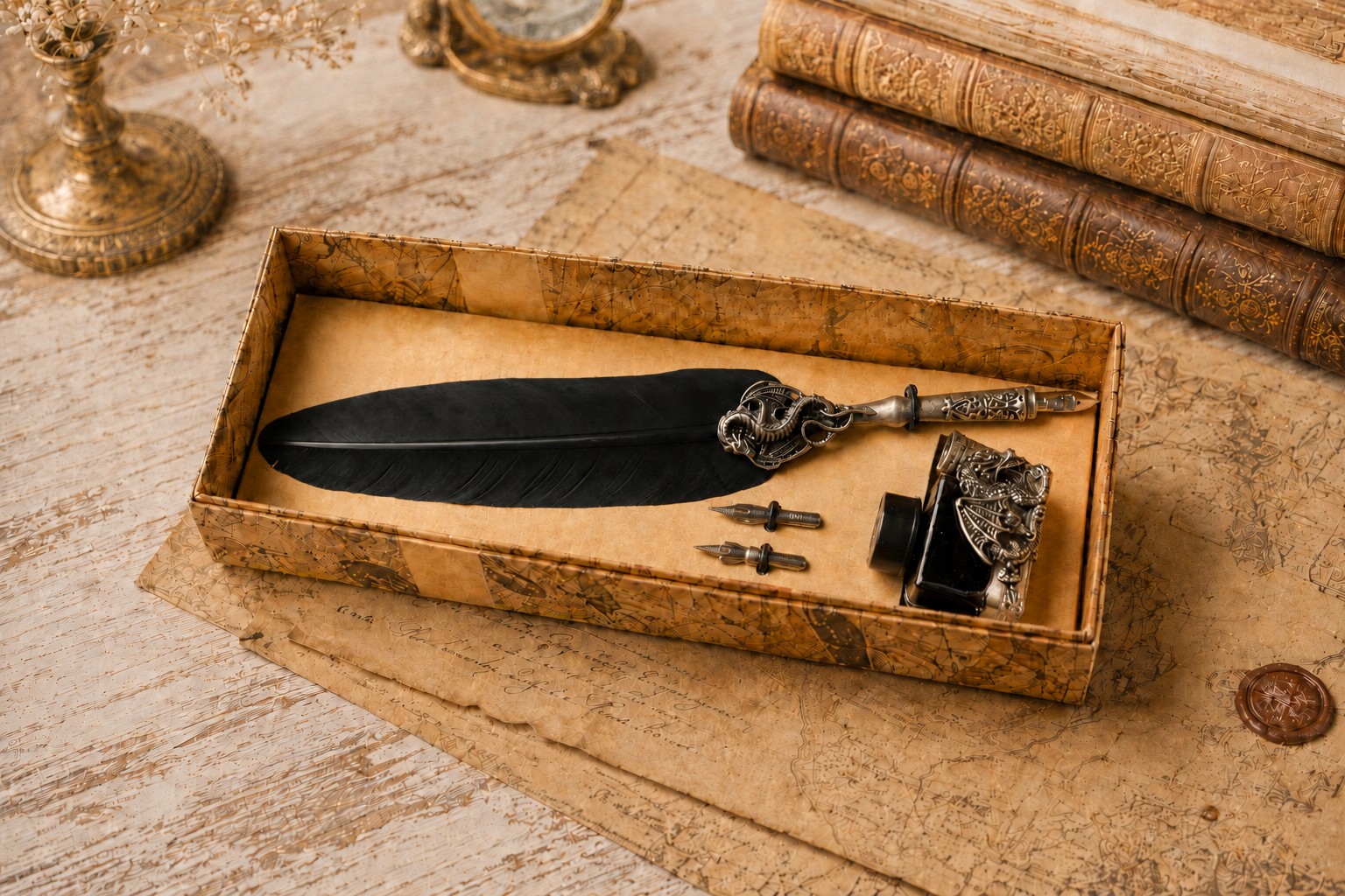 Schreibset Drago Lusso schwarz mit Tinte und Ersatzfeder